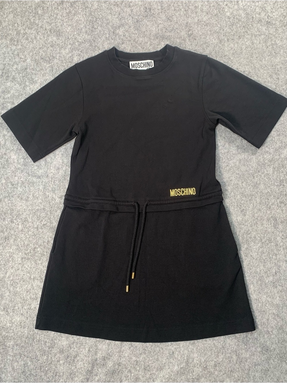 Moschino Black Short Sleeve Logo Drawstring Dress with Gold Accents
